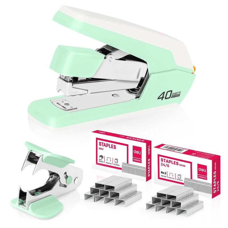 Deli Effortless Desktop Stapler, Heavy Duty Stapler, 40-50 Sheet Capacity, One Finger, No Effort, Includes 1500 Staples & Staple Remover, Green - Image 1